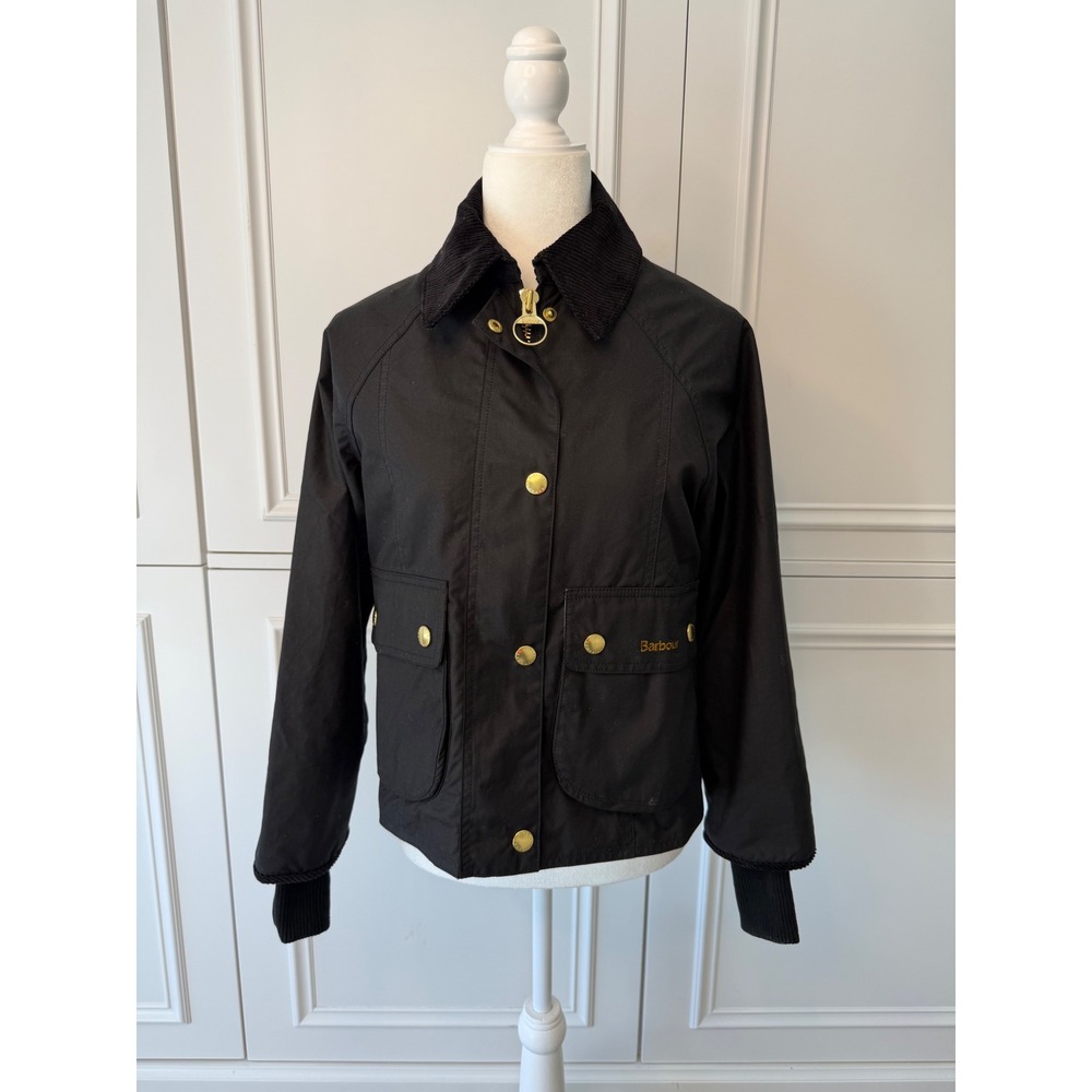 Barbour Waxed Cotton Jacket Women 4 Black Excellent Spey Cropped Tartan Lining